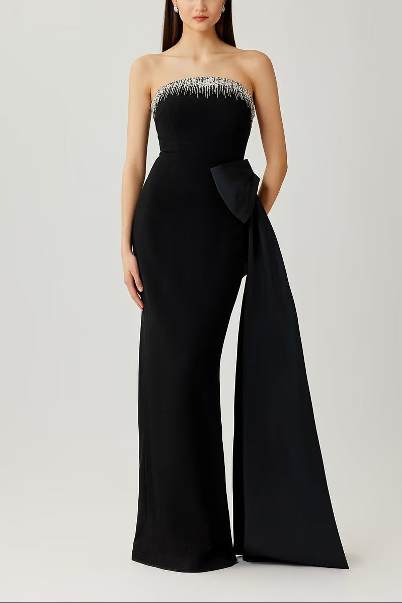 CRYSTAL TRIM BOW CREPE GOWN