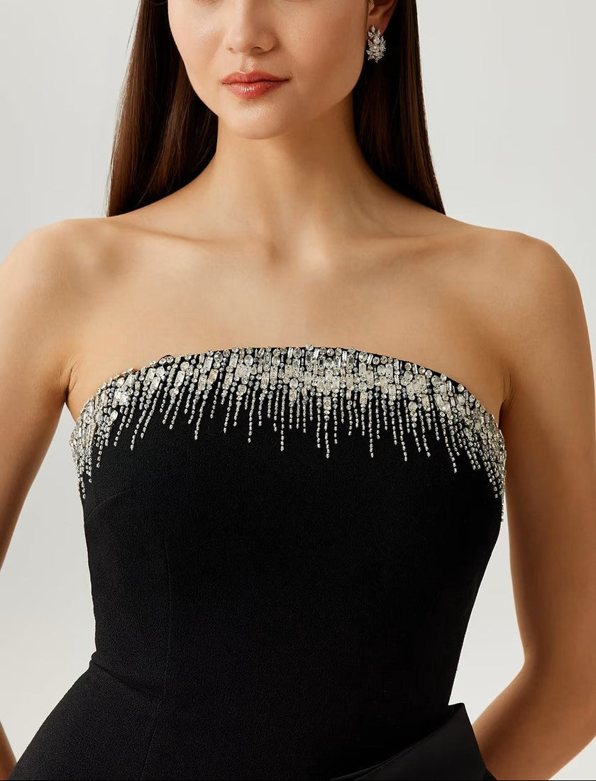 CRYSTAL TRIM BOW CREPE GOWN