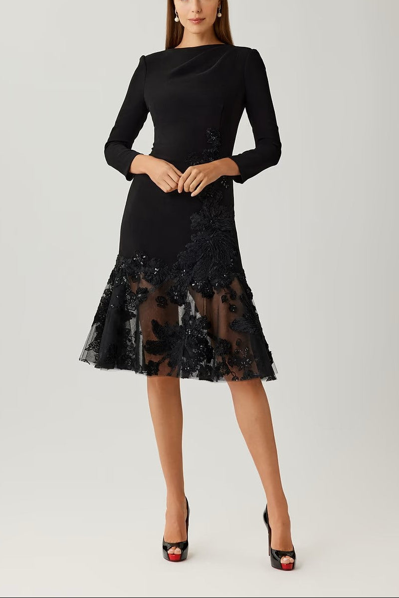 CREPE LACE TRIM TEA LENGTH DRESS