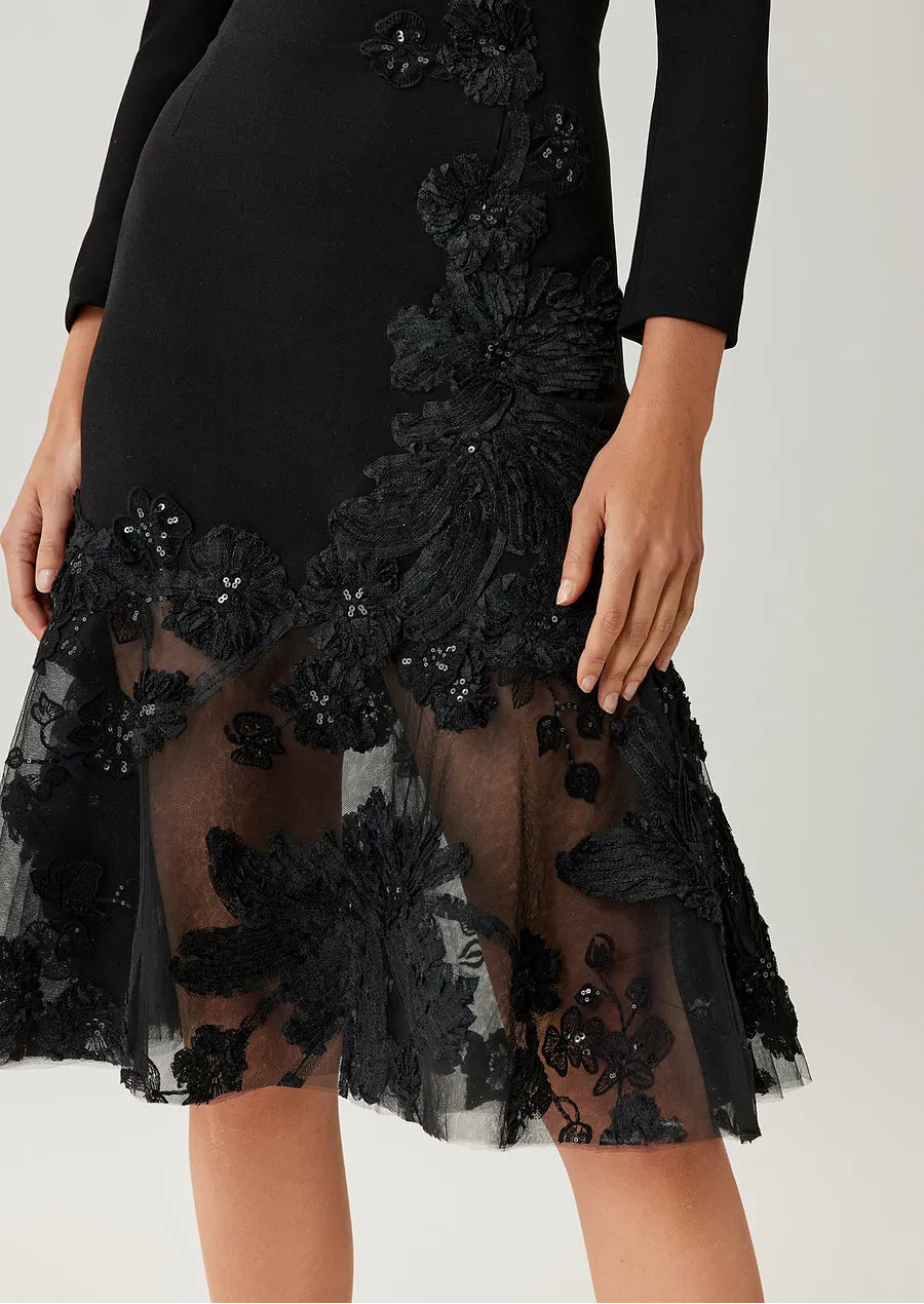 CREPE LACE TRIM TEA LENGTH DRESS