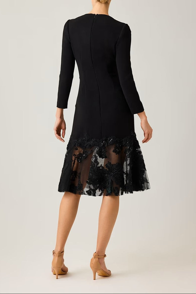 CREPE LACE TRIM TEA LENGTH DRESS