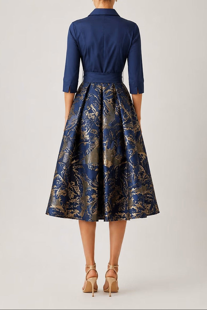 TAFFETA JACQUARD METALLIC FLORAL SHIRT WAIST DRESS