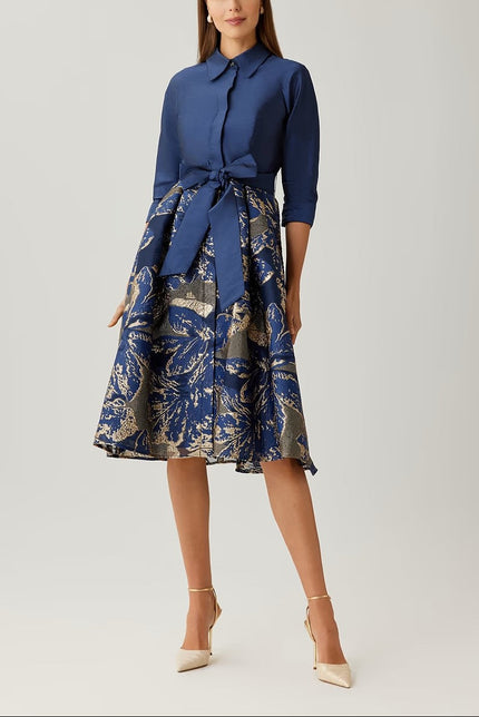 TAFFETA JACQUARD METALLIC FLORAL SHIRT WAIST DRESS