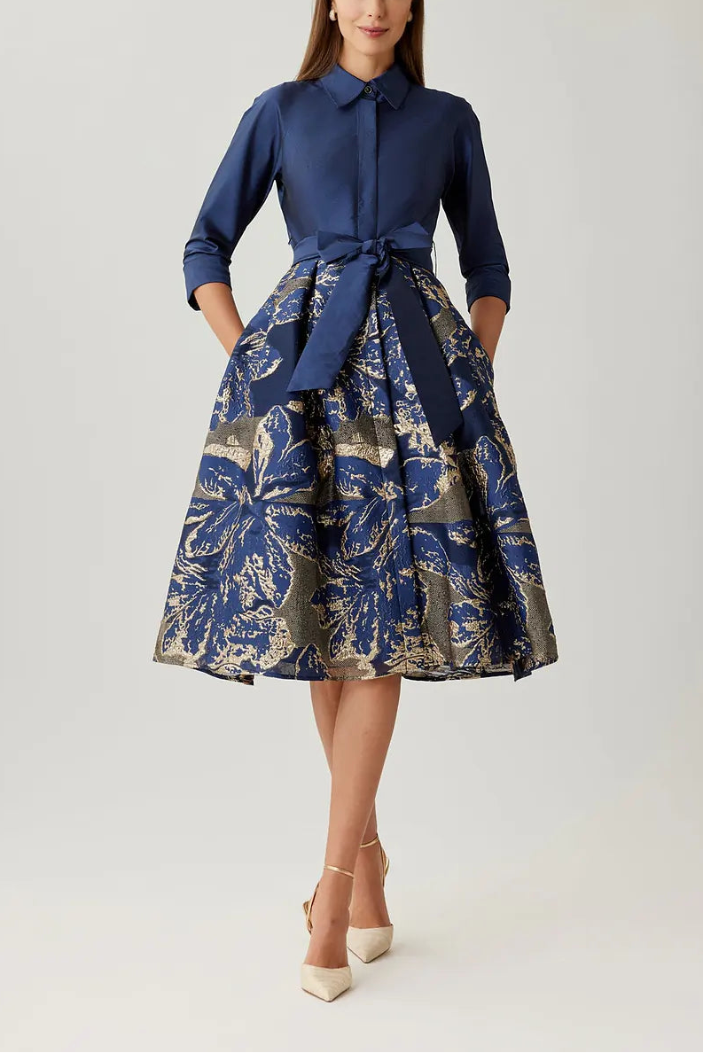 TAFFETA JACQUARD METALLIC FLORAL SHIRT WAIST DRESS
