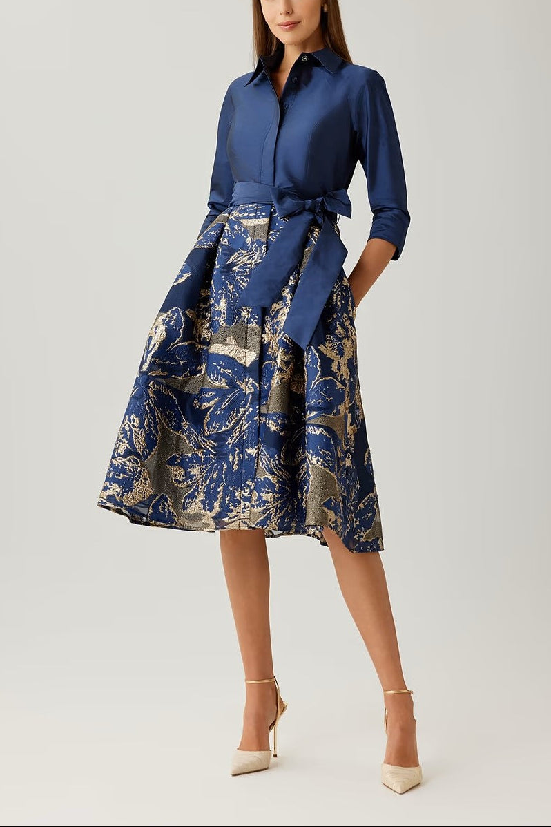 TAFFETA JACQUARD METALLIC FLORAL SHIRT WAIST DRESS