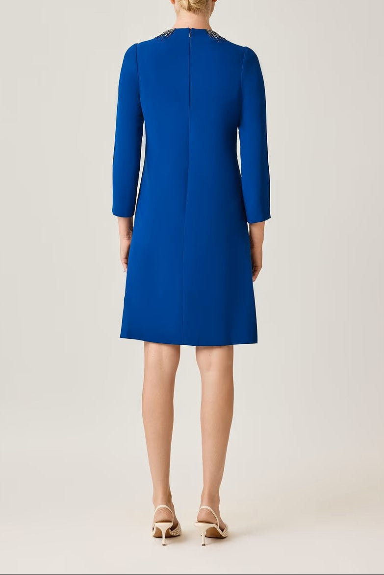 JEWELED NECKLINE CREPE A LINE DRESS