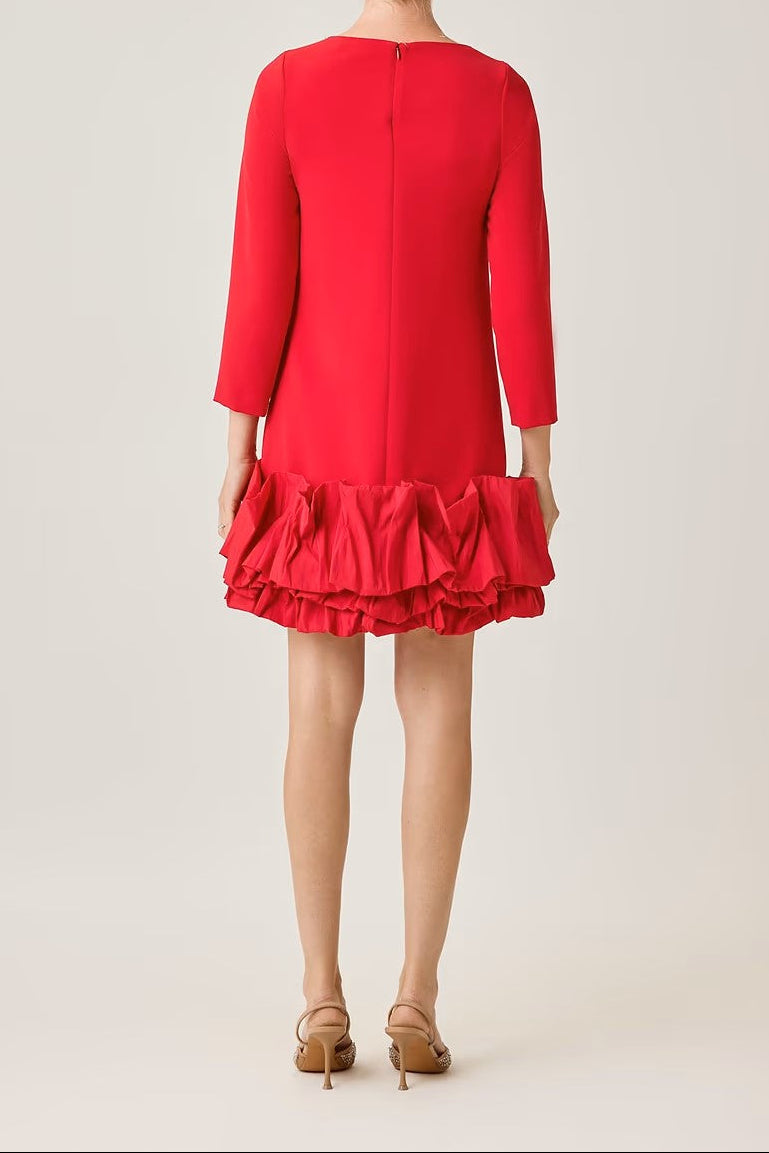 CREPE THREE QUARTER SLEEVE DRESS WITH TAFFETA RUFFLE HEM