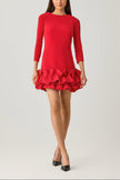 CREPE THREE QUARTER SLEEVE DRESS WITH TAFFETA RUFFLE HEM