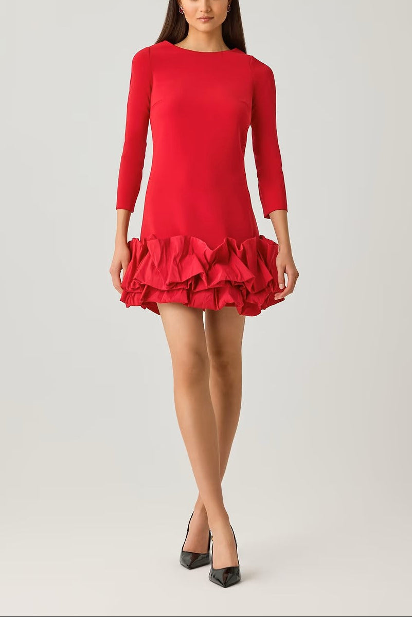 CREPE THREE QUARTER SLEEVE DRESS WITH TAFFETA RUFFLE HEM