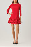CREPE THREE QUARTER SLEEVE DRESS WITH TAFFETA RUFFLE HEM