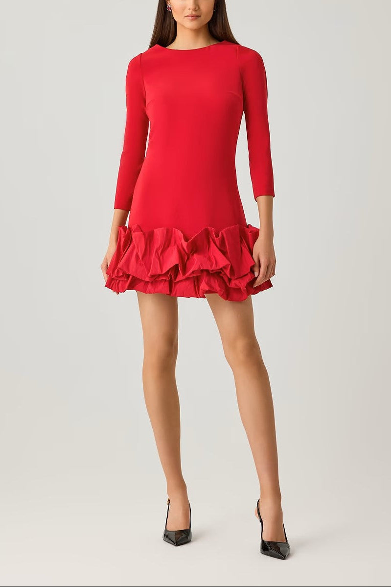 CREPE THREE QUARTER SLEEVE DRESS WITH TAFFETA RUFFLE HEM