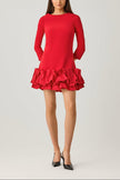 CREPE THREE QUARTER SLEEVE DRESS WITH TAFFETA RUFFLE HEM