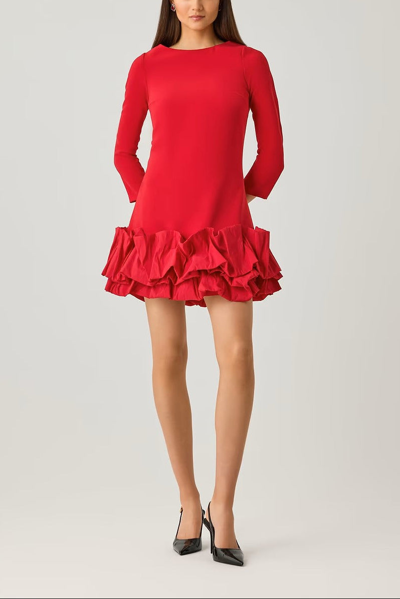 CREPE THREE QUARTER SLEEVE DRESS WITH TAFFETA RUFFLE HEM
