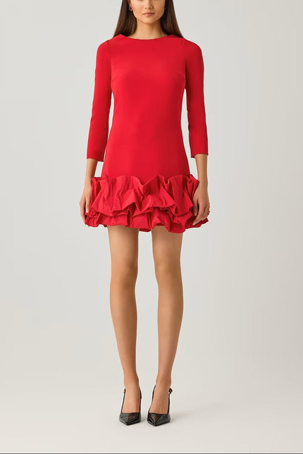 CREPE THREE QUARTER SLEEVE DRESS WITH TAFFETA RUFFLE HEM