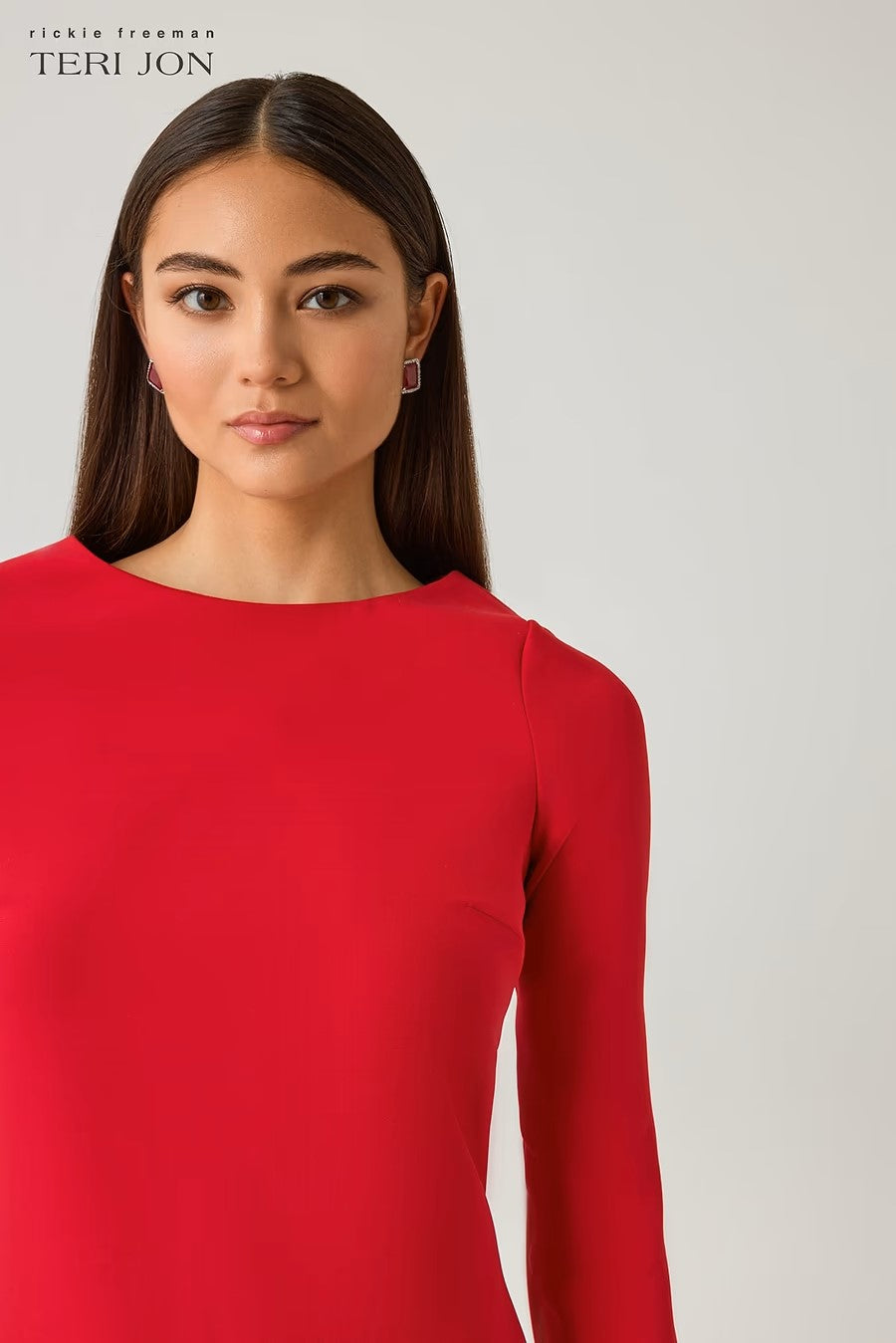 CREPE THREE QUARTER SLEEVE DRESS WITH TAFFETA RUFFLE HEM