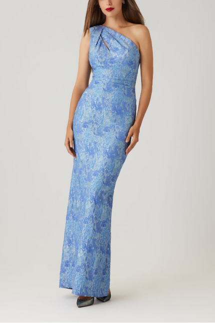 STRETCH JACQUARD PRINT ONE SHOULDER GOWN