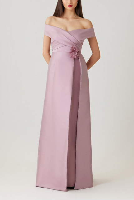 MIKADO OFF THE SHOULDER OVERLAY SKIRT GOWN
