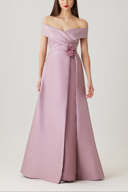 MIKADO OFF THE SHOULDER OVERLAY SKIRT GOWN