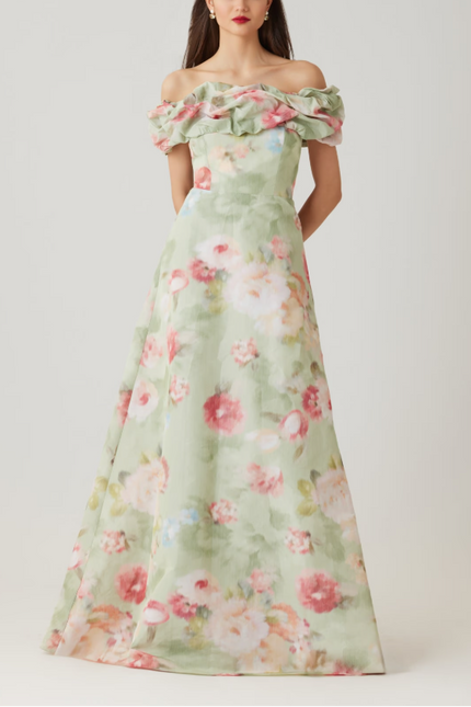 TAFFETA PRINTED RUCHED NECK GOWN