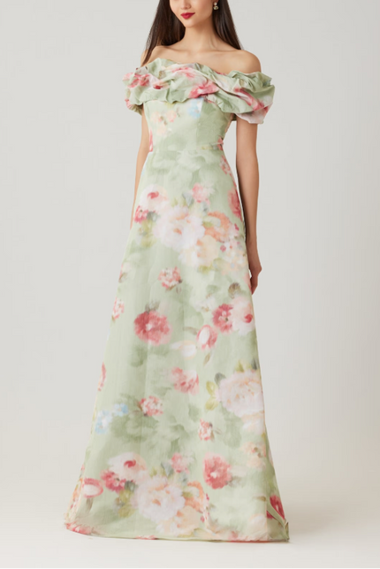 TAFFETA PRINTED RUCHED NECK GOWN