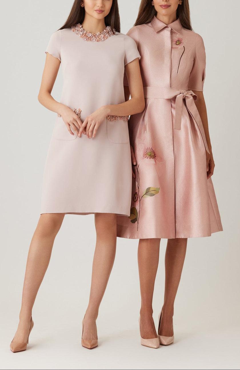 SHIMMER JACQUARD EMBROIDERED FLOWER SHIRT DRESS
