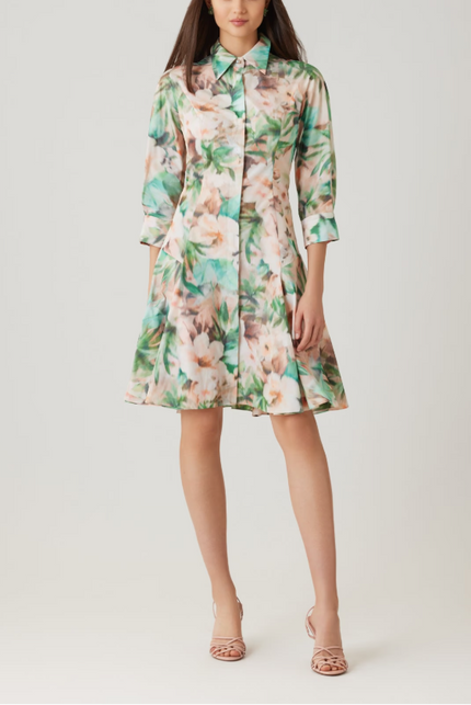 TAFETA DIGITAL PRINT GODET HEM SHIRT DRESS