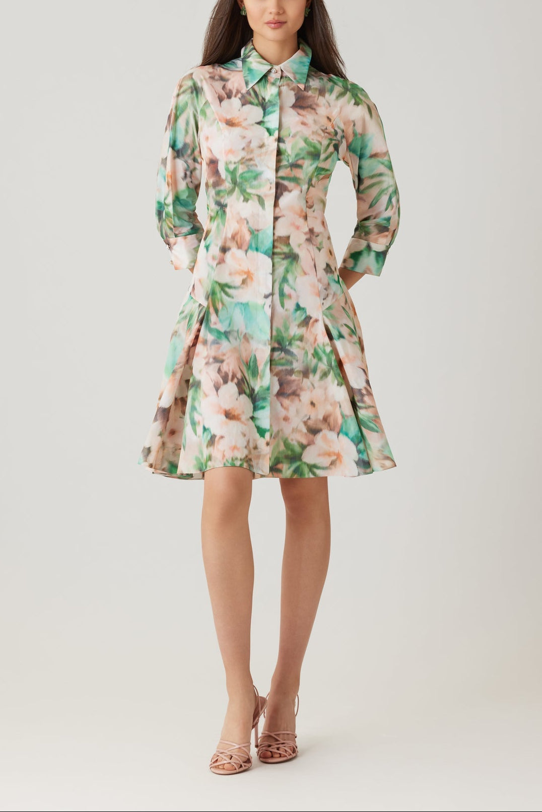 TAFETA DIGITAL PRINT GODET HEM SHIRT DRESS