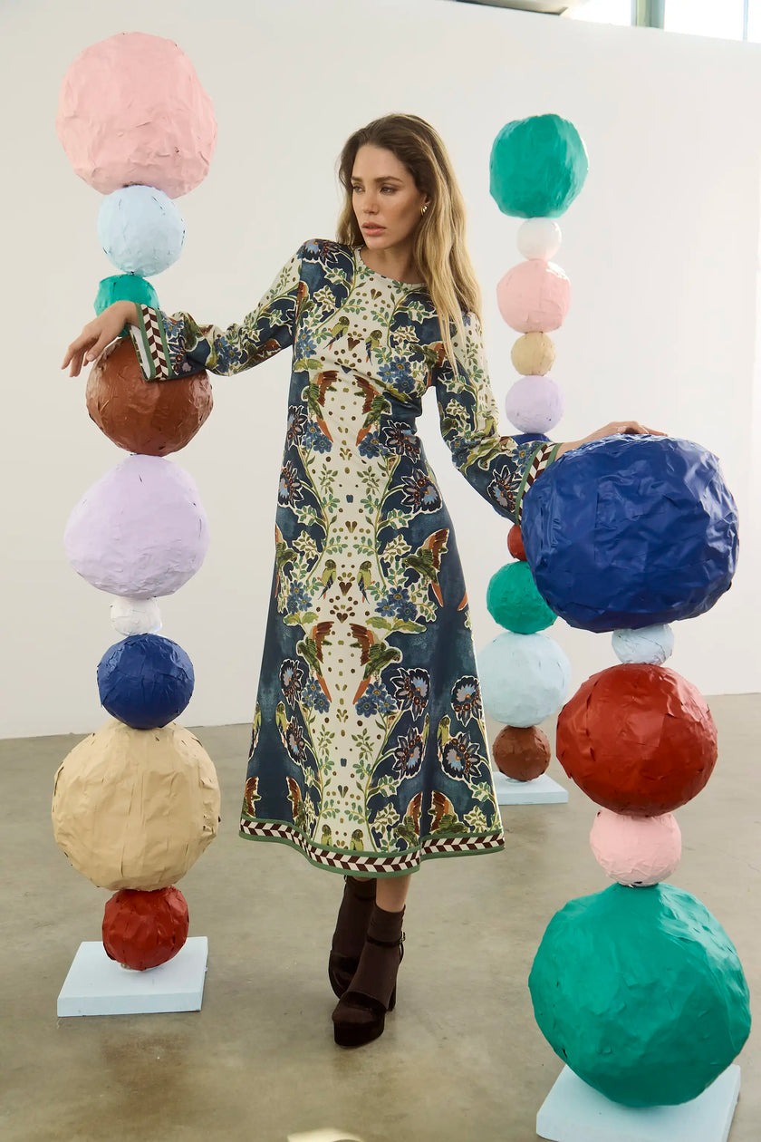 TOWNES DRESS IN BIRDS OF A FEATHER NAVY