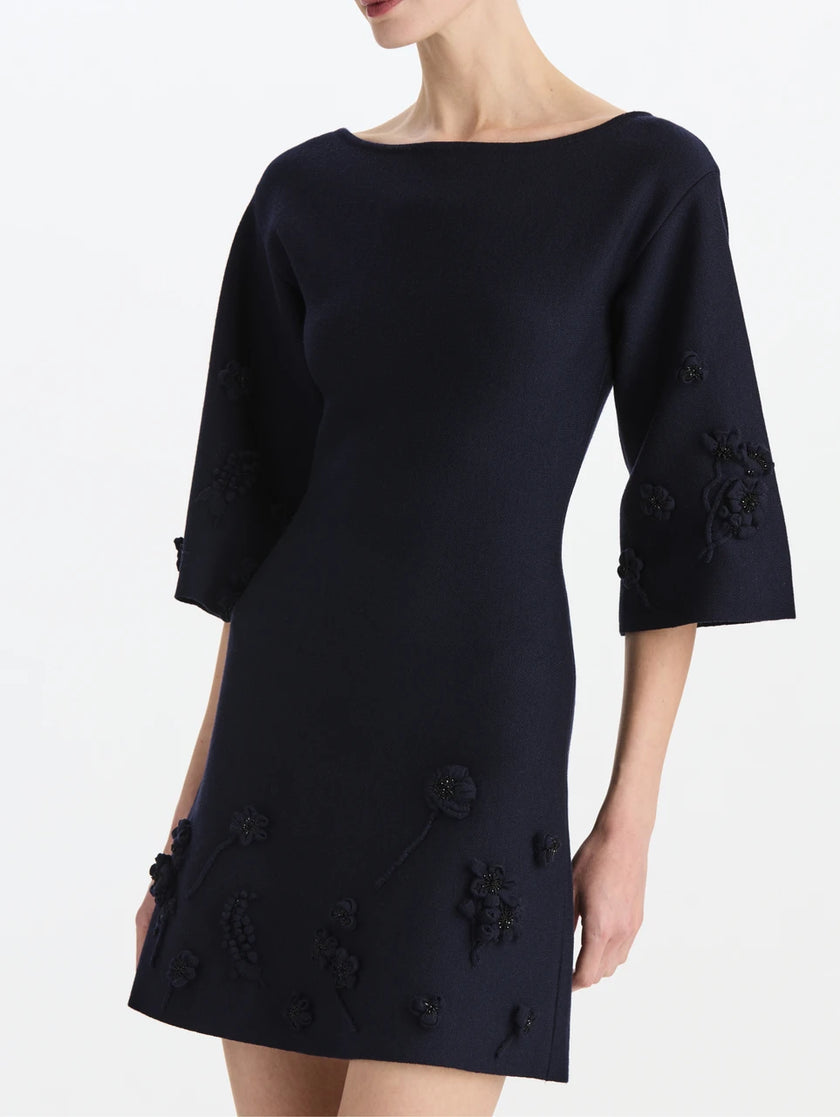 SELF KNIT MINI FLOWER EMBROIDERED DRESS