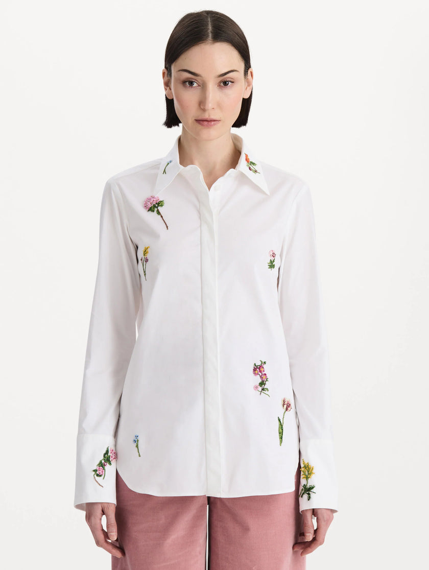 BEADED MIXED BOTANICAL STRETCH TWILL BLOUSE