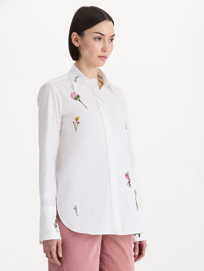 BEADED MIXED BOTANICAL STRETCH TWILL BLOUSE
