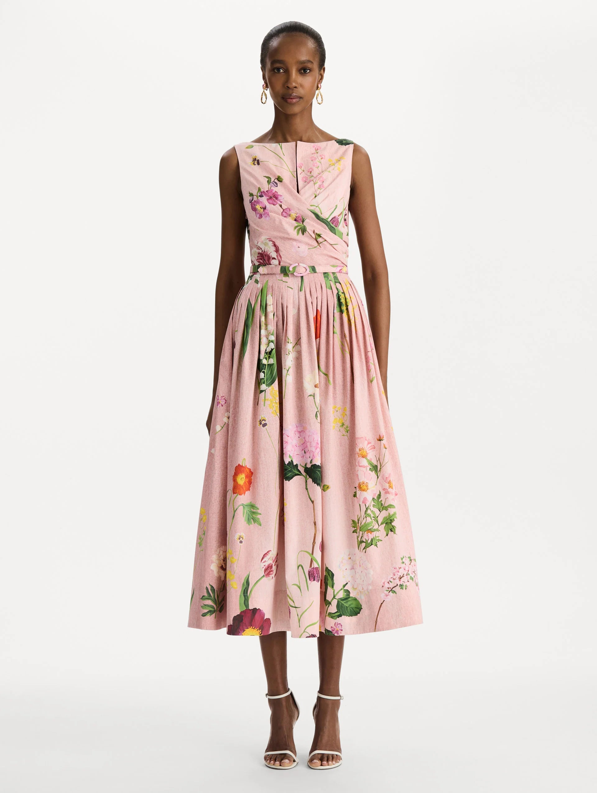 MIXED BOTANICAL COTTON POPLIN DRAPED DRESS