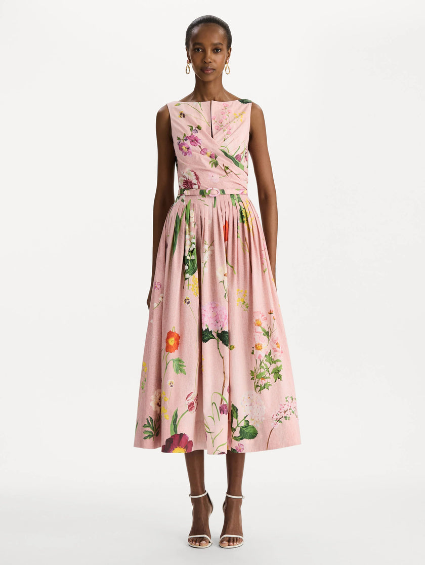 MIXED BOTANICAL COTTON POPLIN DRAPED DRESS