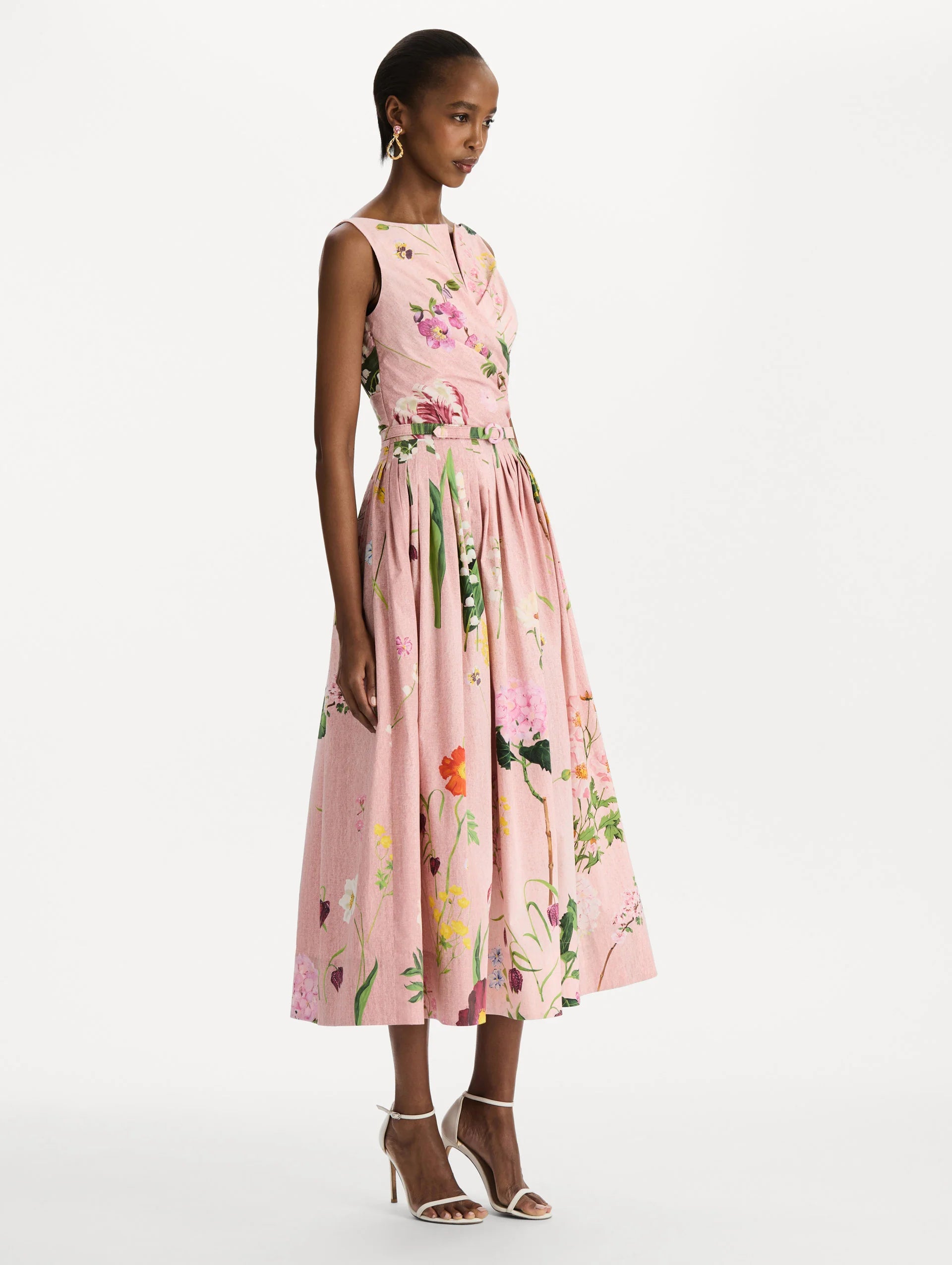 MIXED BOTANICAL COTTON POPLIN DRAPED DRESS