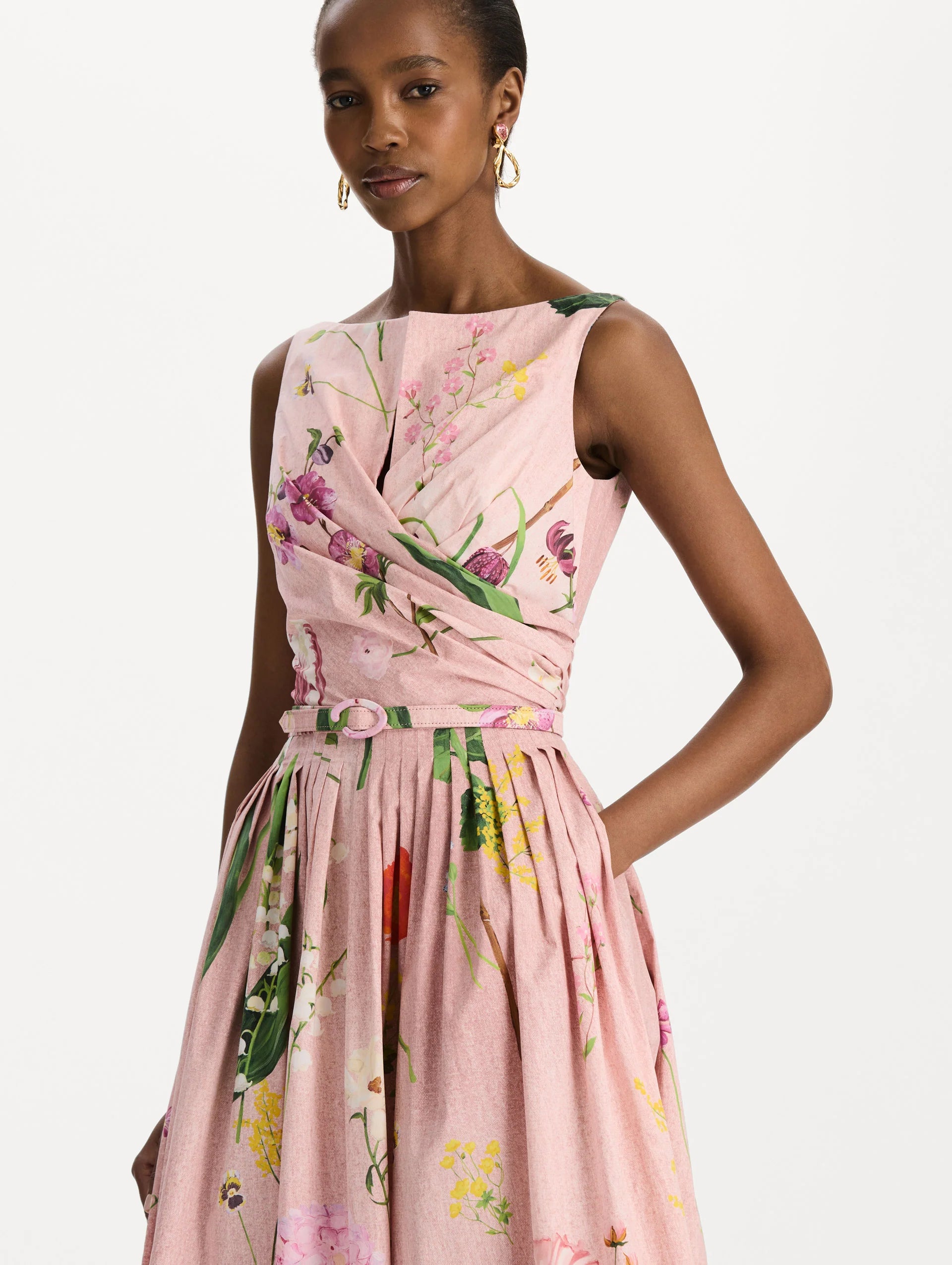 MIXED BOTANICAL COTTON POPLIN DRAPED DRESS