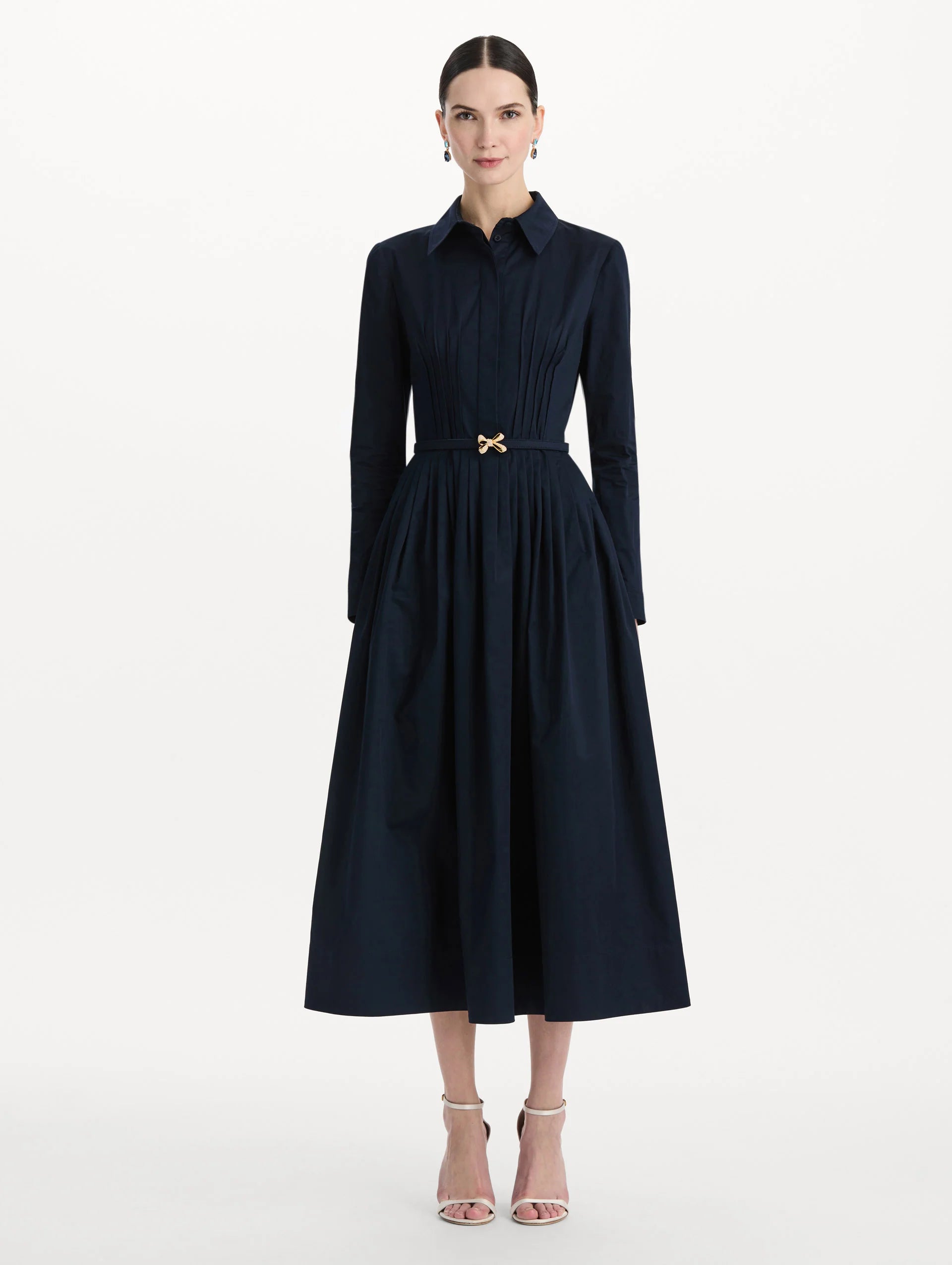 BOW BELT COTTON STRETCH TWILL DRESS
