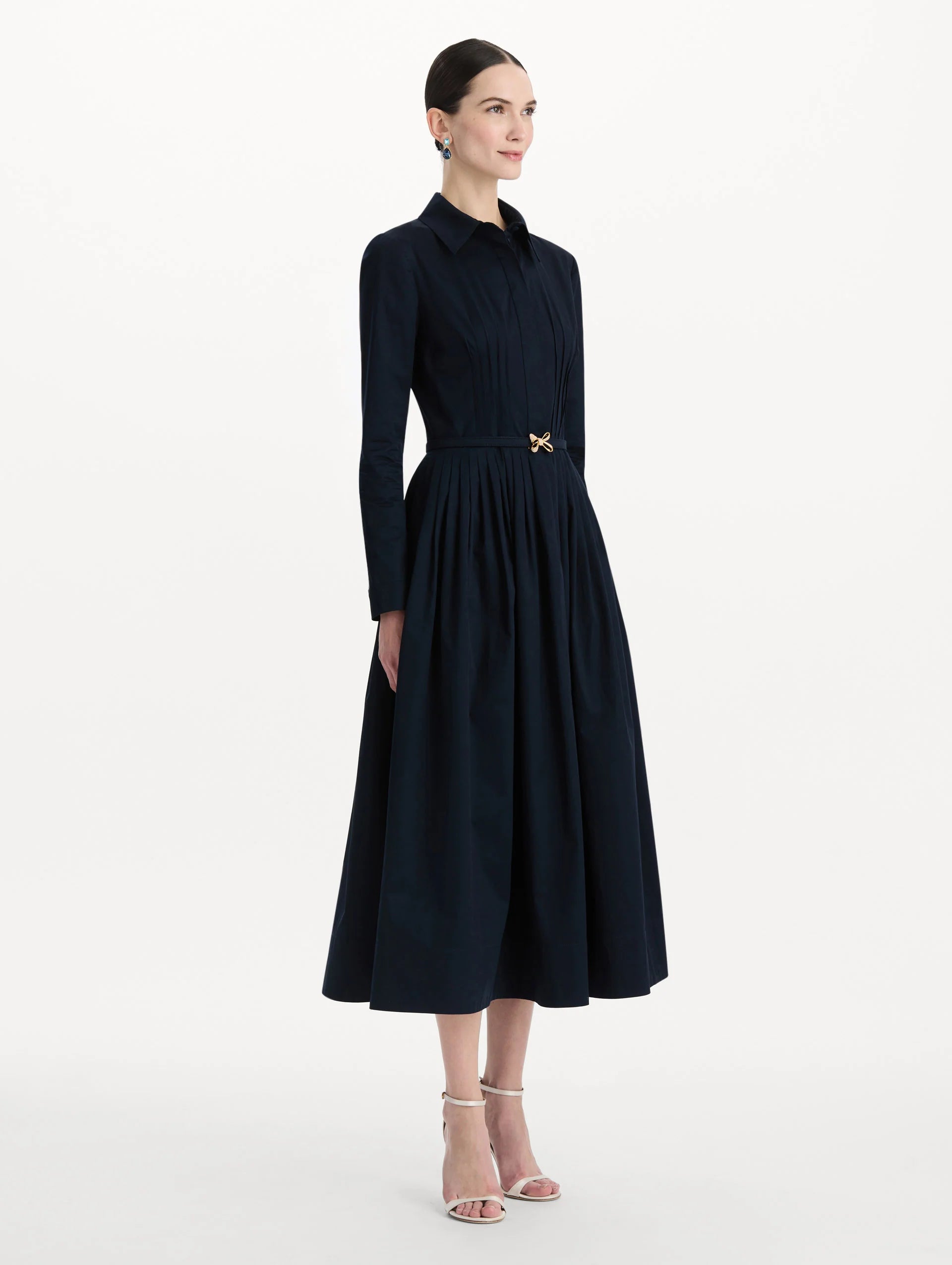 BOW BELT COTTON STRETCH TWILL DRESS