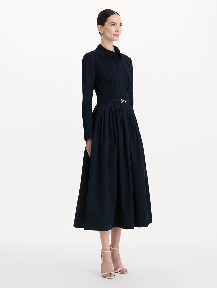 BOW BELT COTTON STRETCH TWILL DRESS