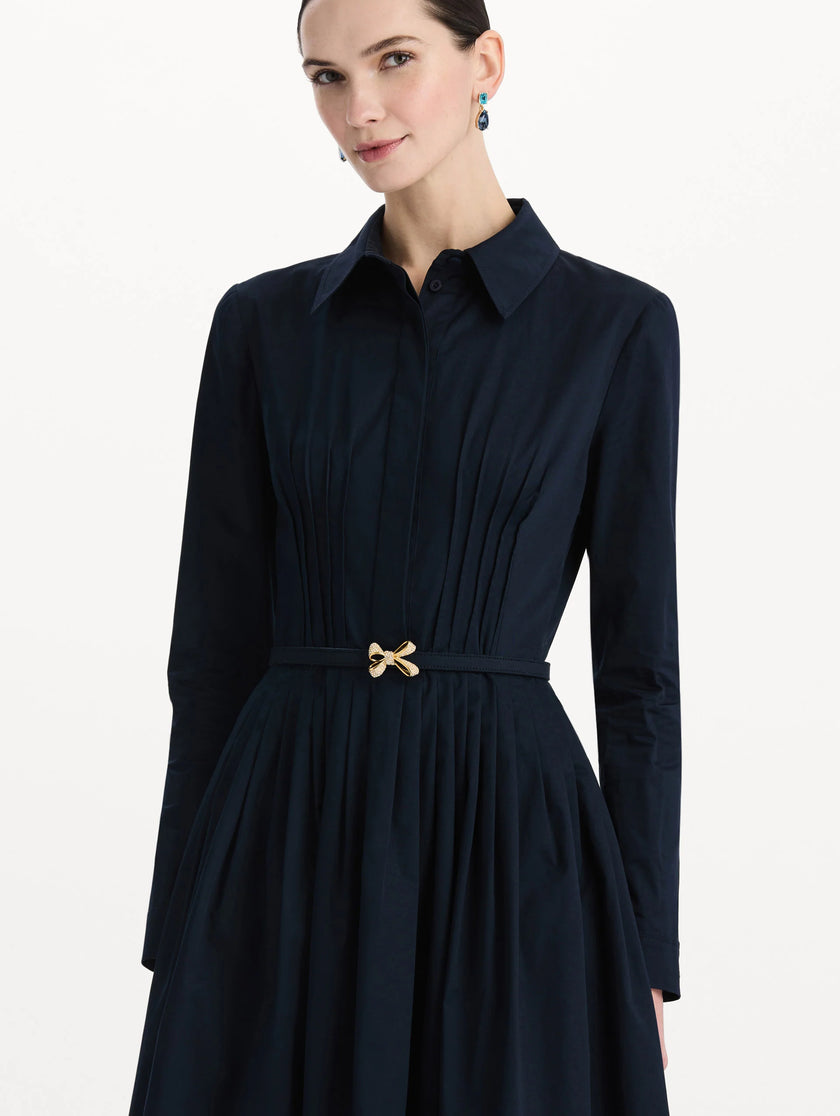 BOW BELT COTTON STRETCH TWILL DRESS