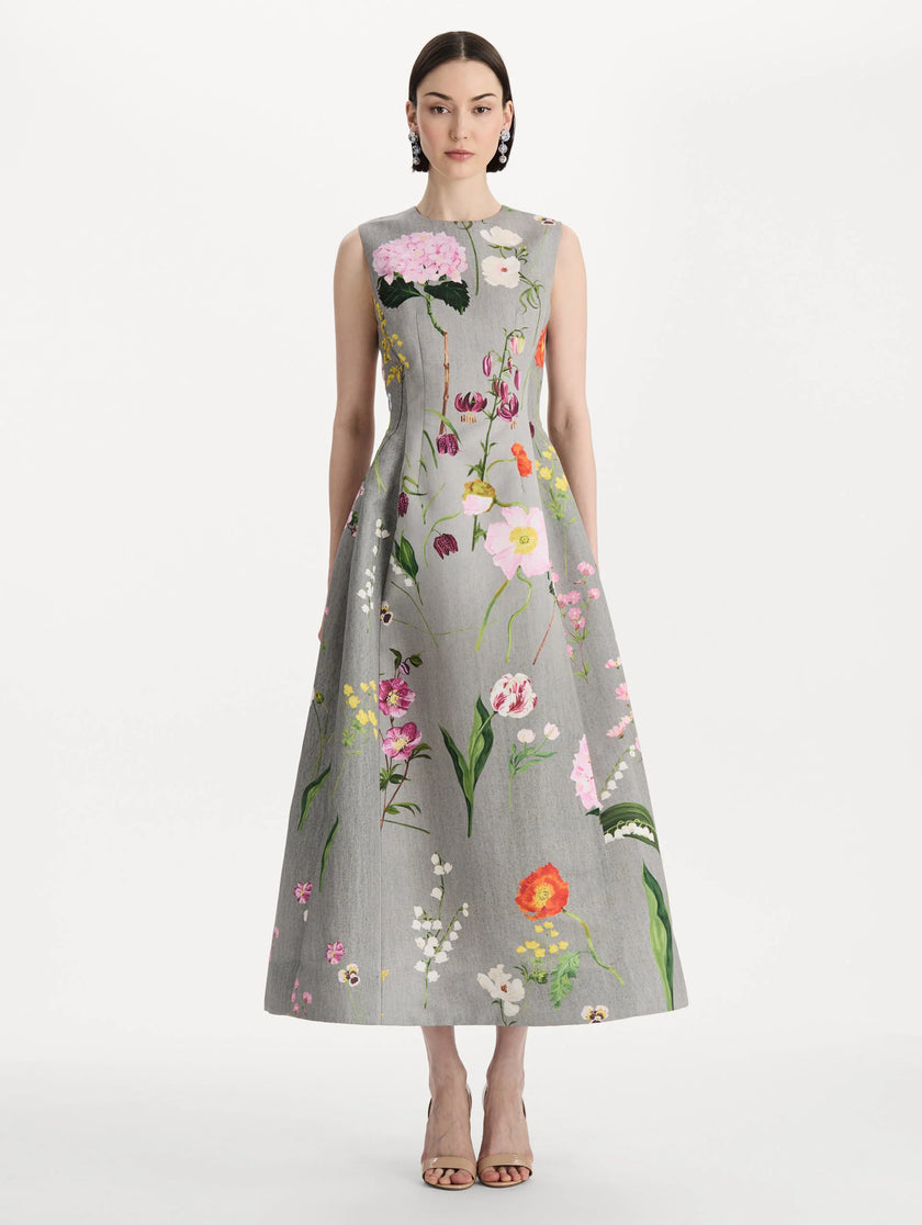 MIXED BOTANICAL FAILLE COCKTAIL DRESS
