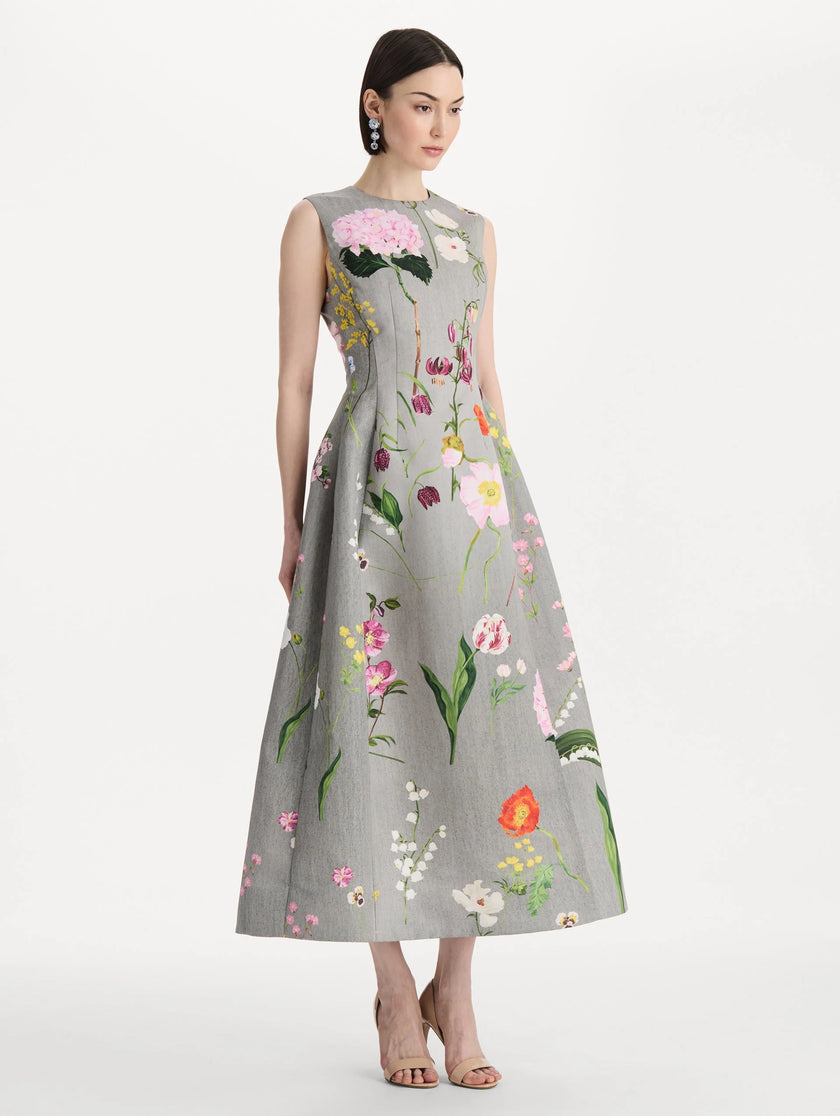 MIXED BOTANICAL FAILLE COCKTAIL DRESS