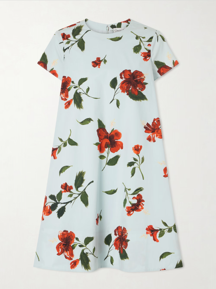 SHORT SLEEVE LARGE HIBISCUS POPLIN PRINTED DRESS