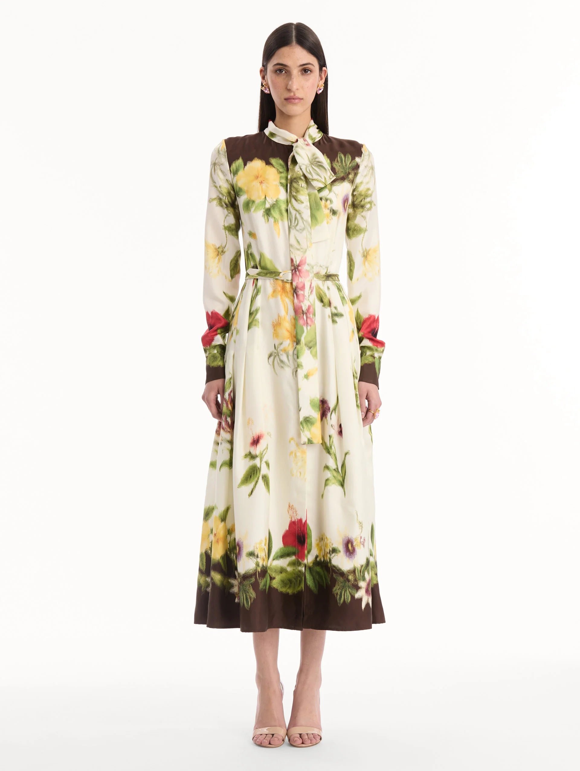 CHINE DOMINICAN MIXED FLORAL SILK TWILL DRESS