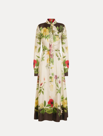 CHINE DOMINICAN MIXED FLORAL SILK TWILL DRESS