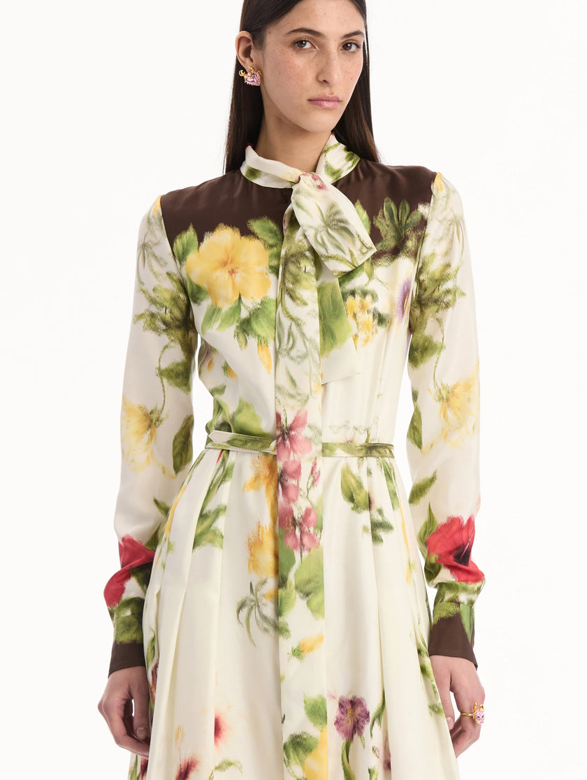 CHINE DOMINICAN MIXED FLORAL SILK TWILL DRESS