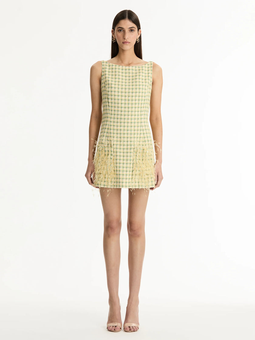 POINT DESPRIT FEATHER EMBROIDERES CHECKED TWEED DRESS