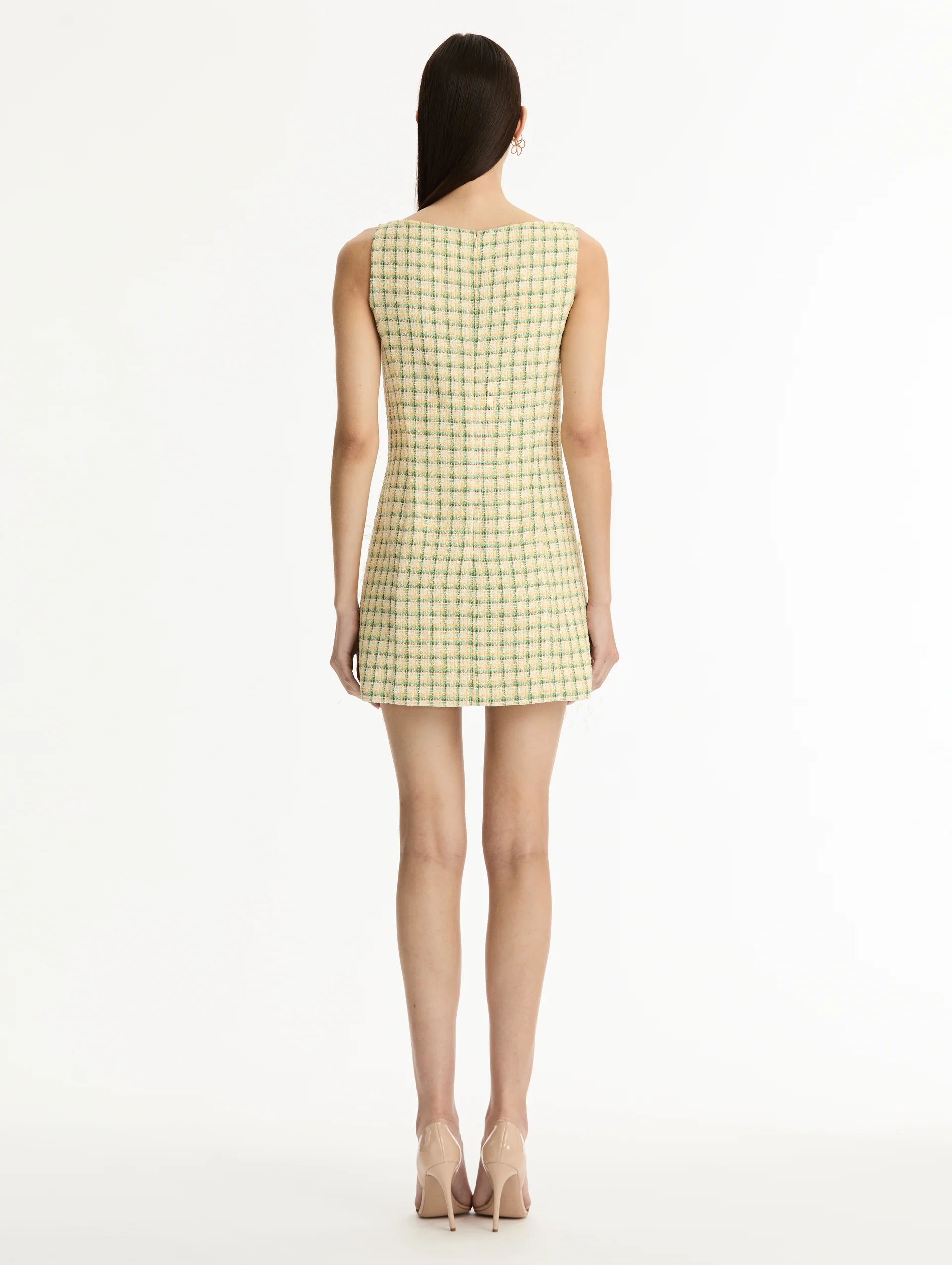 POINT DESPRIT FEATHER EMBROIDERES CHECKED TWEED DRESS