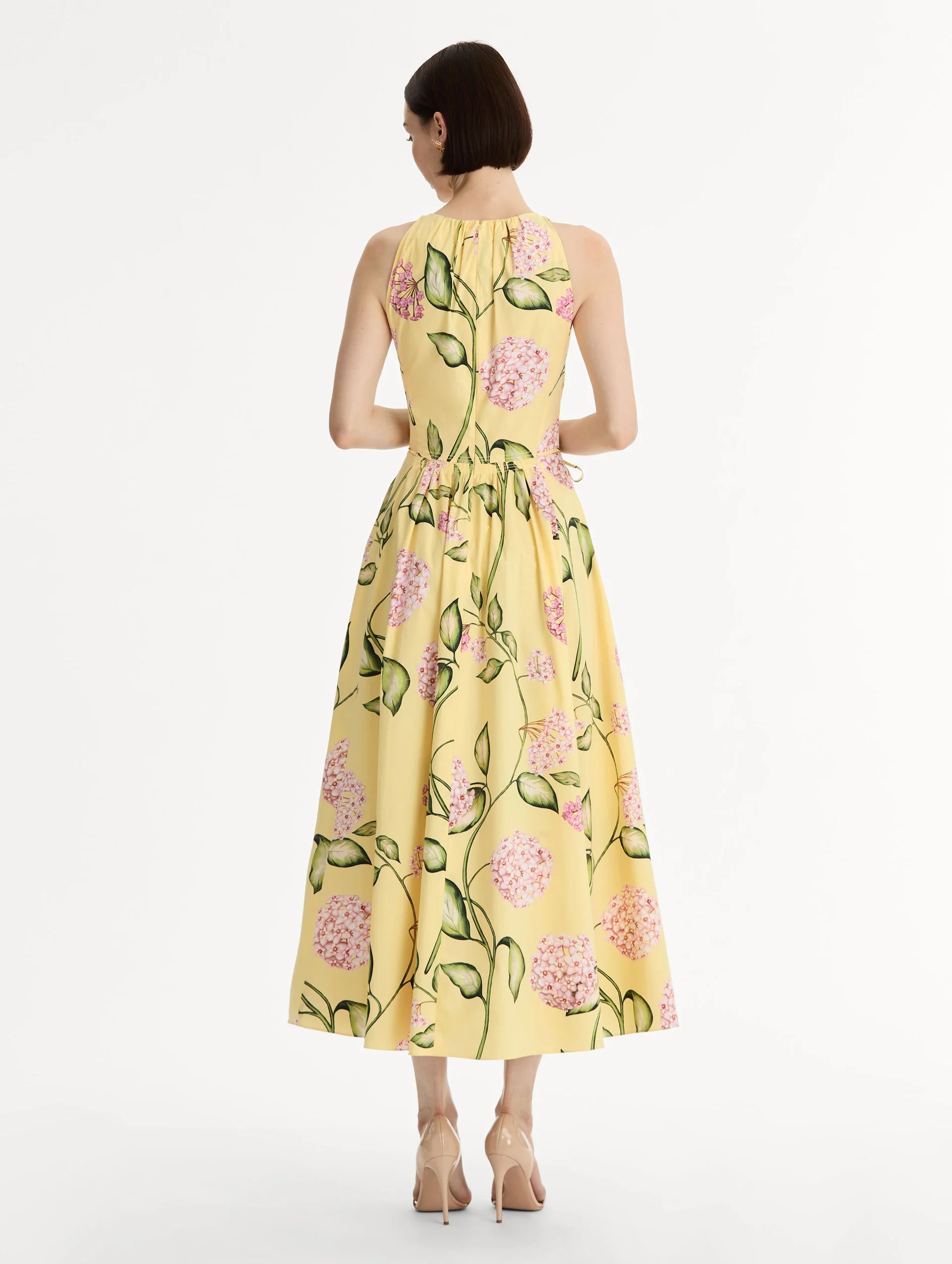 PORCELAIN FLOWER COTTON POPLIN PLEATED DRESS