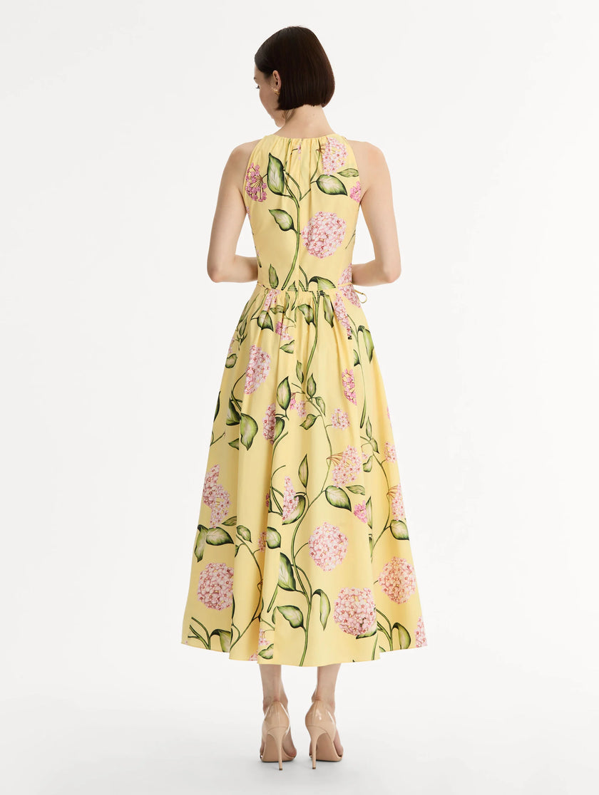 PORCELAIN FLOWER COTTON POPLIN PLEATED DRESS