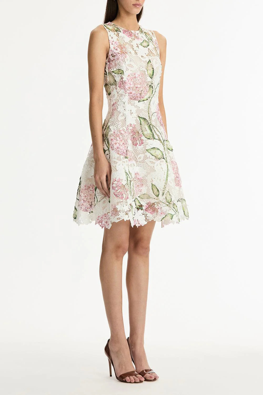 SLEEVELESS PORCELAIN FLOWER GUIPURE LACE MINI DRESS
